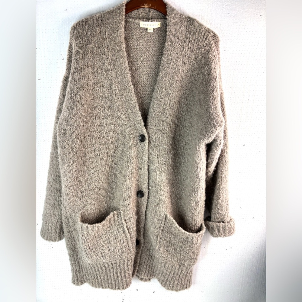 Lovestitch M/L Oversized Knotted Knit Long Pocketed Cardigan Sweater in Taupe